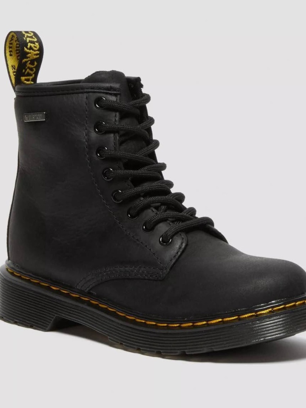 Dr. Martens Kids Black Leather Lace-Up Boot with Yellow Stitch